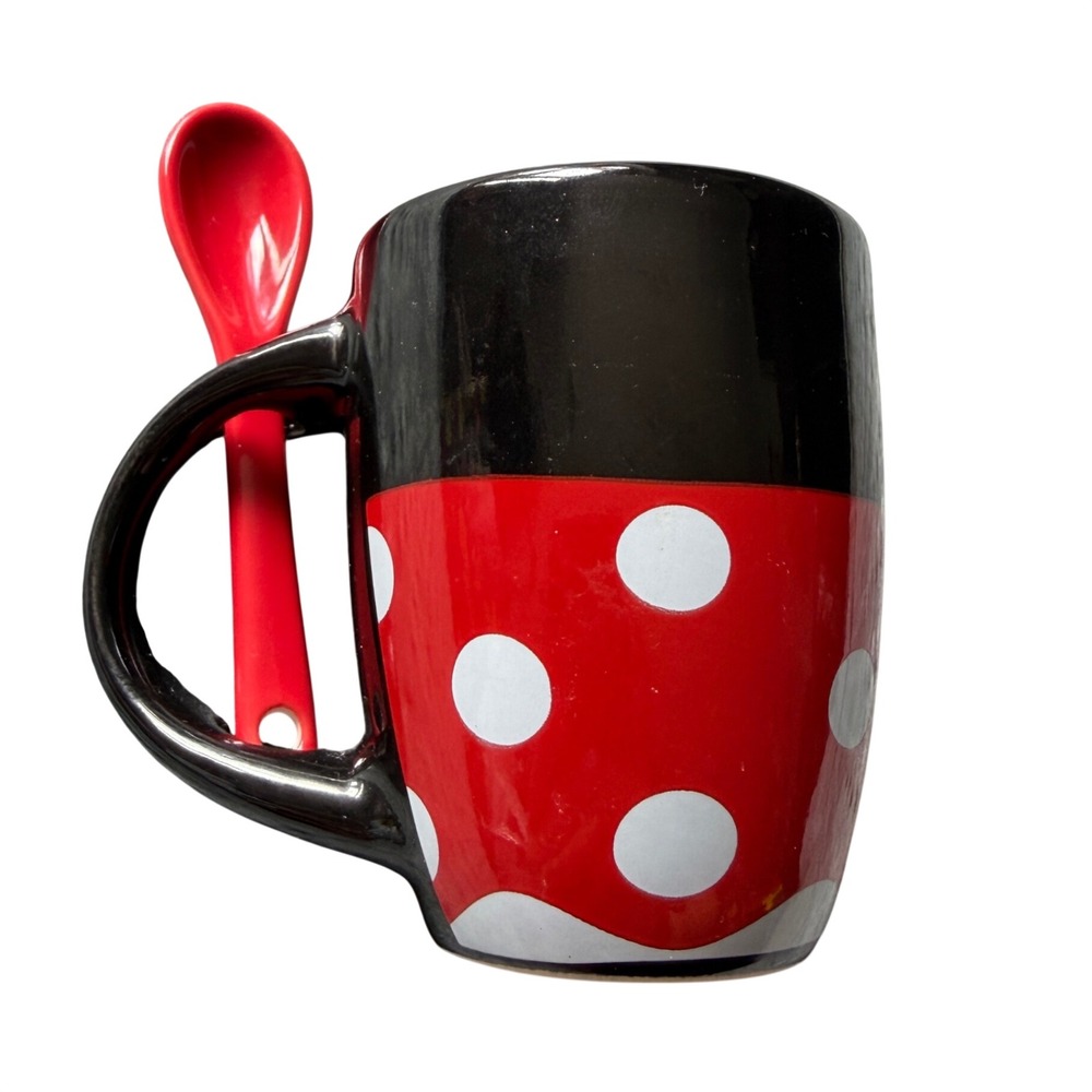 Jerry Leigh Minnie Mouse Espresso Cup with Spoon Polka Dot Black Red Ceramic